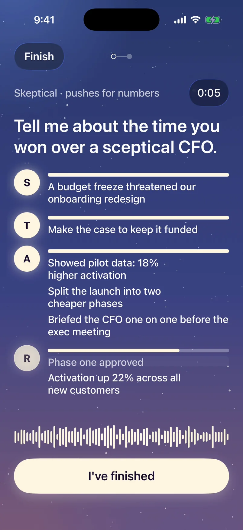 Shine: telling the story of winning over a sceptical CFO out loud while its situation, task, action and result rows light up
